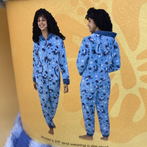 New In Package Disney Women's Stitch One-piece Pajama Blue Small With Hood - Picture 5 of 7